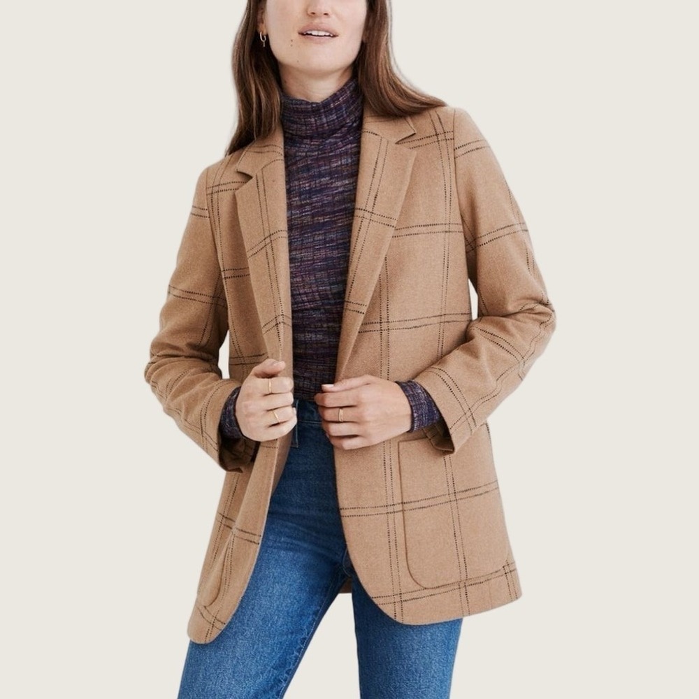Madewell Larsen Blazer in Windowpane Camel Tan 1X Plus Womens Sz Wool Stripes